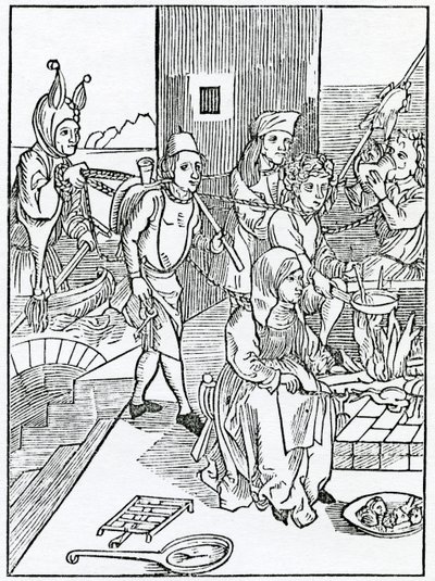 Von törichten Köchen und Kellnern und anderen Haushaltsbeamten, die das Gut ihres Herrn maßlos verschwenden, Illustration aus Alexander Barclays englischer Übersetzung von 